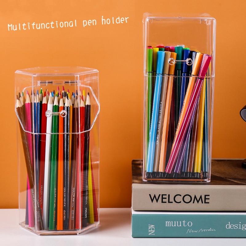 Tabletop Clear Pencil Holder with Lid Storage Box Dustproof Student Office Desk Organizer