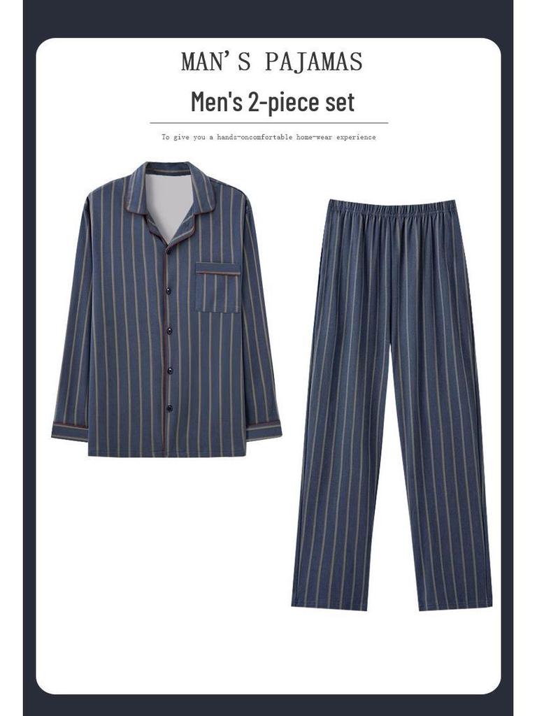 Men's Plus Size Long-Sleeve Plaid Cotton Pajamas for Spring & Autumn, Suitable for Outdoor Wear.