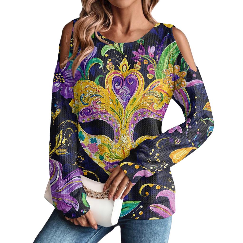 Women's Winter Oversized T-Shirt Fashionable Off-the-Shoulder Round Neck Vintage Floral Print Pullover Long-Sleeved Top