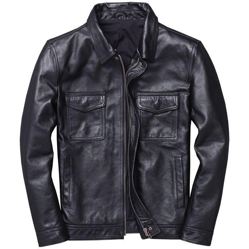 New retro cowhide pattern jacket retro and old leather jacket men's stand-up collar locomotive clothing short slim jacket jacket trendy