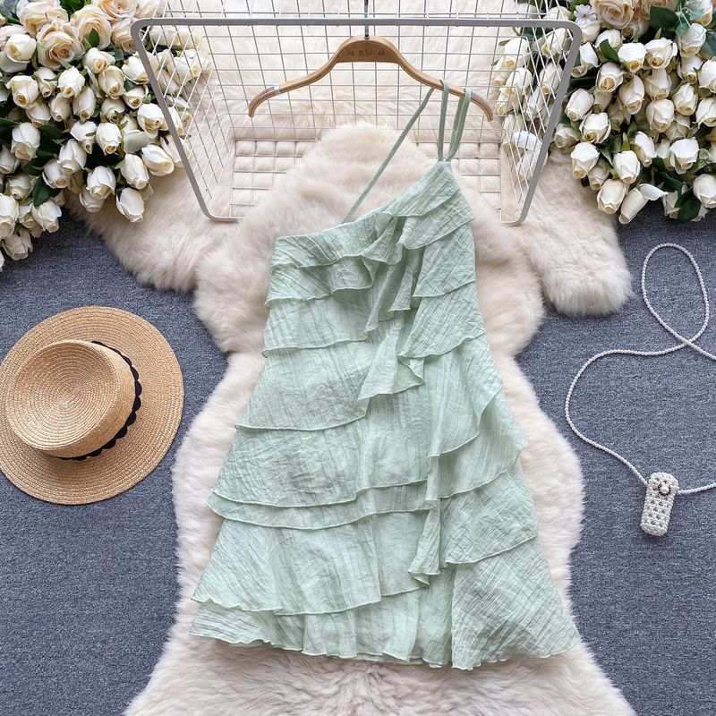 

Off-the-Shoulder Seaside Vacation Scheming Diagonal Collar Silm Dress Green One size