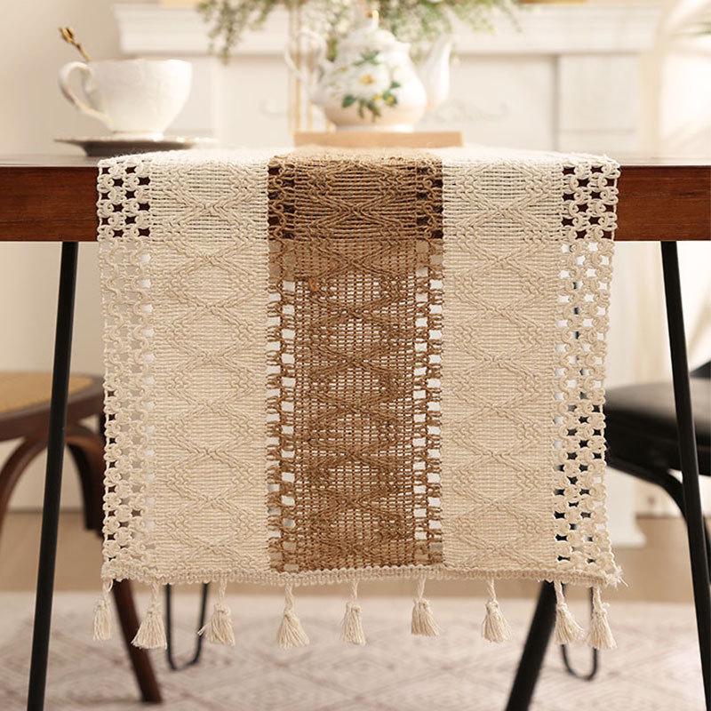 Caminho de mesa com borlas em algodão e linho estilo étnico - Decoração leve e luxuosa para festivais