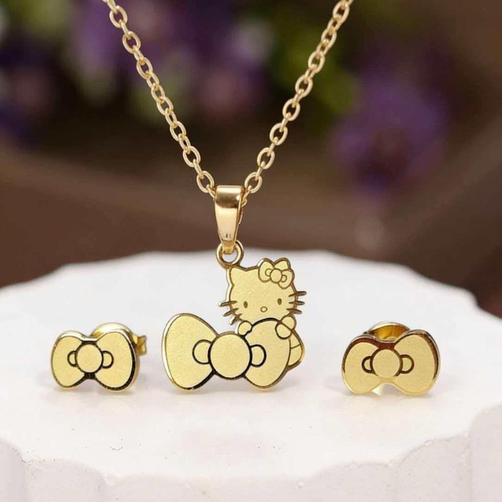 Creative Cartoon Kitty Bow Set: Colorfast Necklace & Earrings - Childlike Best Friend Accessories