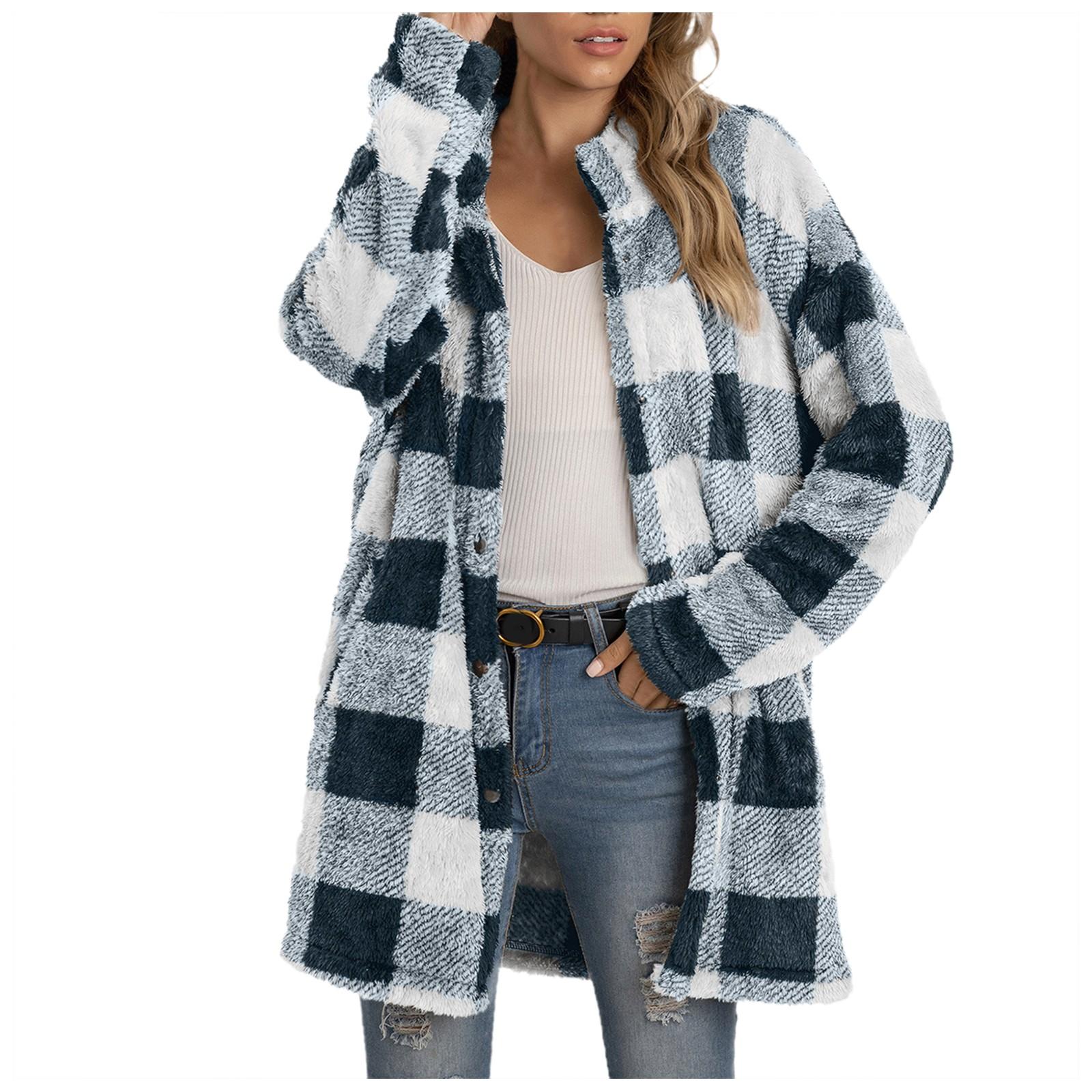 

(SU)Женская мода осенне-зимняя толстая плюшевая клетчатая куртка с длинными рукавами