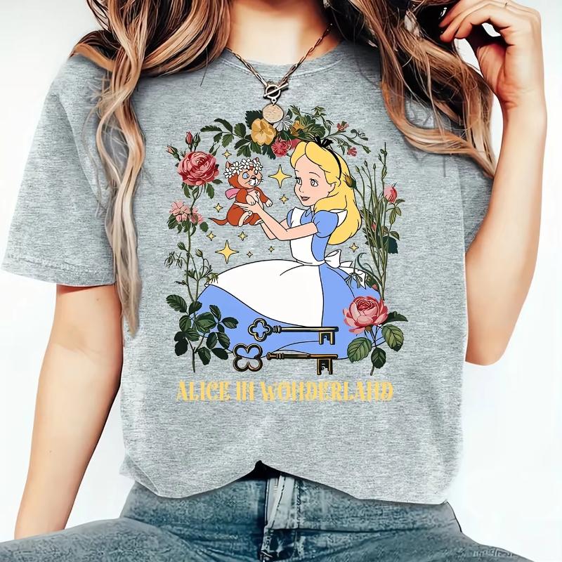 Alice in Wonderland Tshirt Parentchild Clothing Casual Cotton Short Sleeve Travel and Unisex Women Kids Unisex Oversized