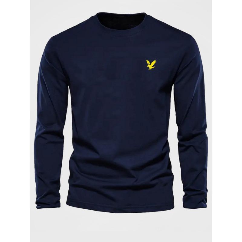 Men's 100% Pure Cotton Loose Fit Comfortable Casual Sports Eagle Pattern Printed Round Neck Long Sleeved T-shirt Top