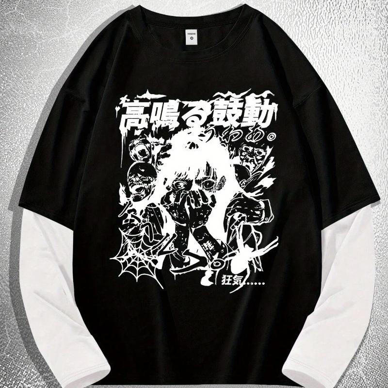 Y2K Japanese Comic Girl Print Men's Contrast Color Long Sleeve T-shirt
