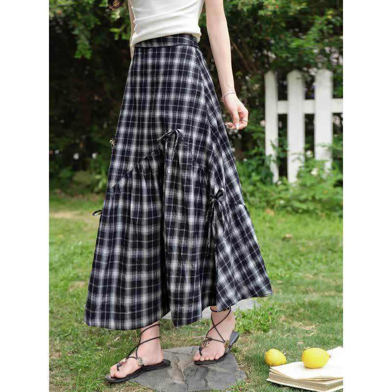 Luxiangnan Women s Retro Plaid Mid-length Skirt S