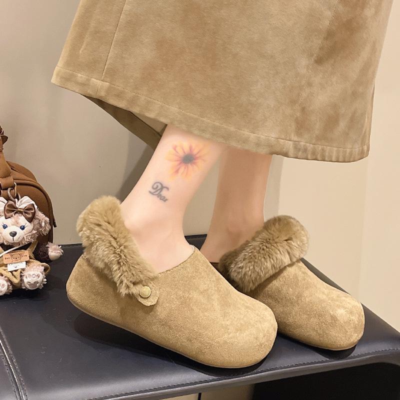 Women's retro lightweight and comfortable non-slip heightening winter warm plush lining non-slip durable casual cotton one-step half slippers