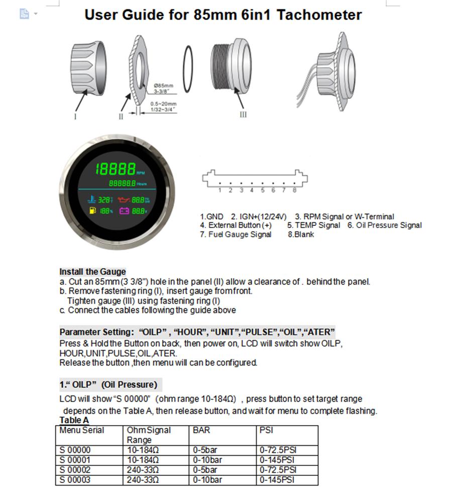 12V/24V 85mm Tachometer Fuel Gauge Water Temp Oil Pressure Voltmeter Hour Meter