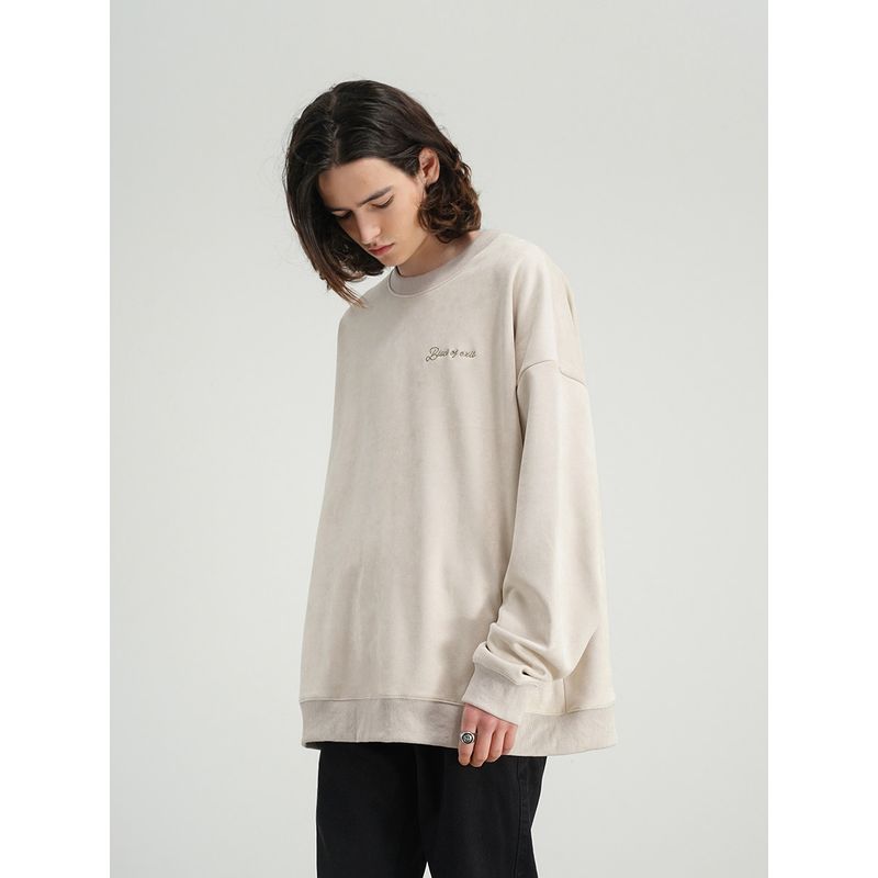 Blackofexit Chinese Style Faux Suede Embroidered Crew Neck Sweatshirt High Street Style Simple High-End Top for Men and Women