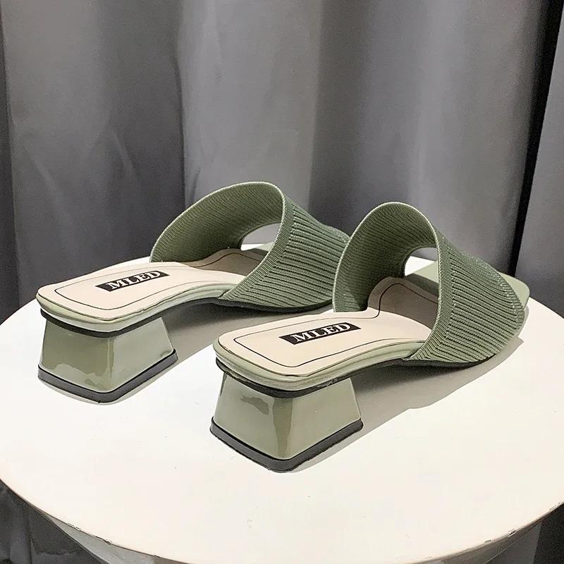 Women's Shoes Slippers Outdoor 2024 Summer Knitted Stretch Open Toe Thick-soled Heels Half-drag Sandals Ladies Footwear