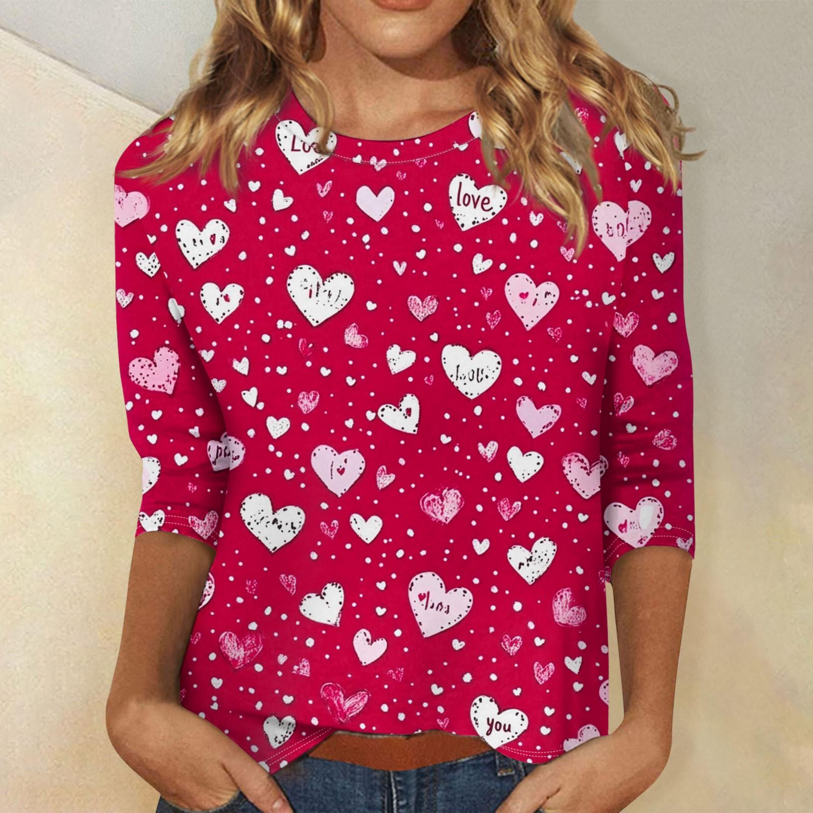 

Женские топы с рукавом три четверти, рубашка на День святого Валентина, круглая горловина, свободная повседневная рубашка M красный
