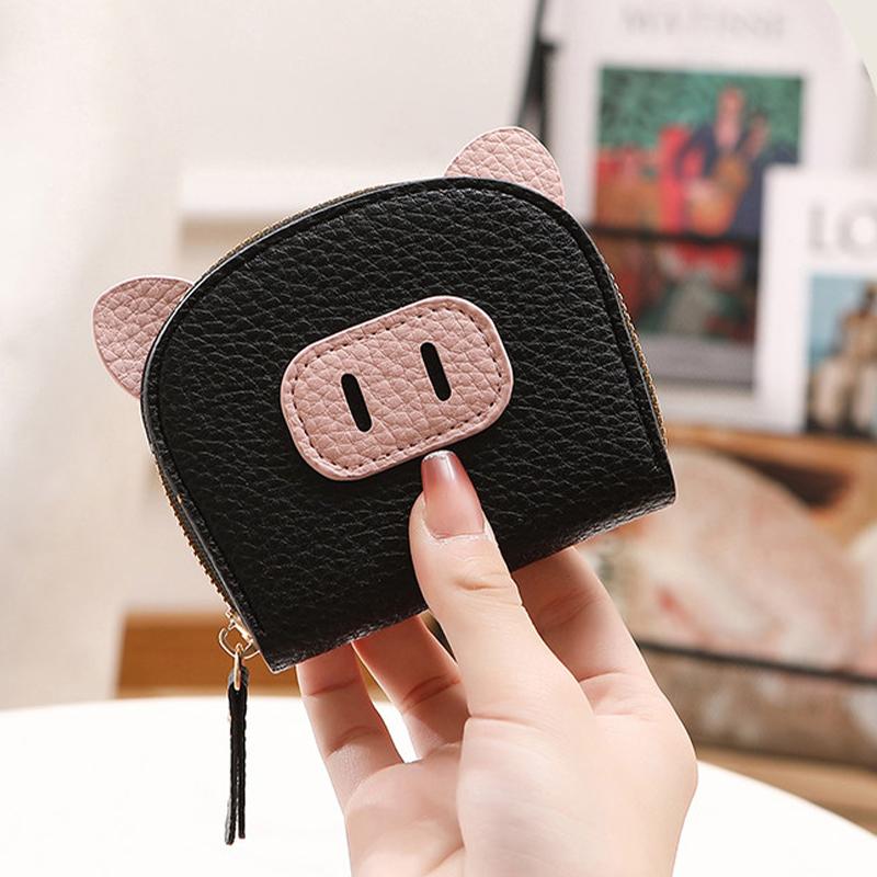 PU Leather Cartoon Pig Multi Card Slot Holder Zipper Coin Purse Soft Touch Clip Wallet for Women Kids Party Use