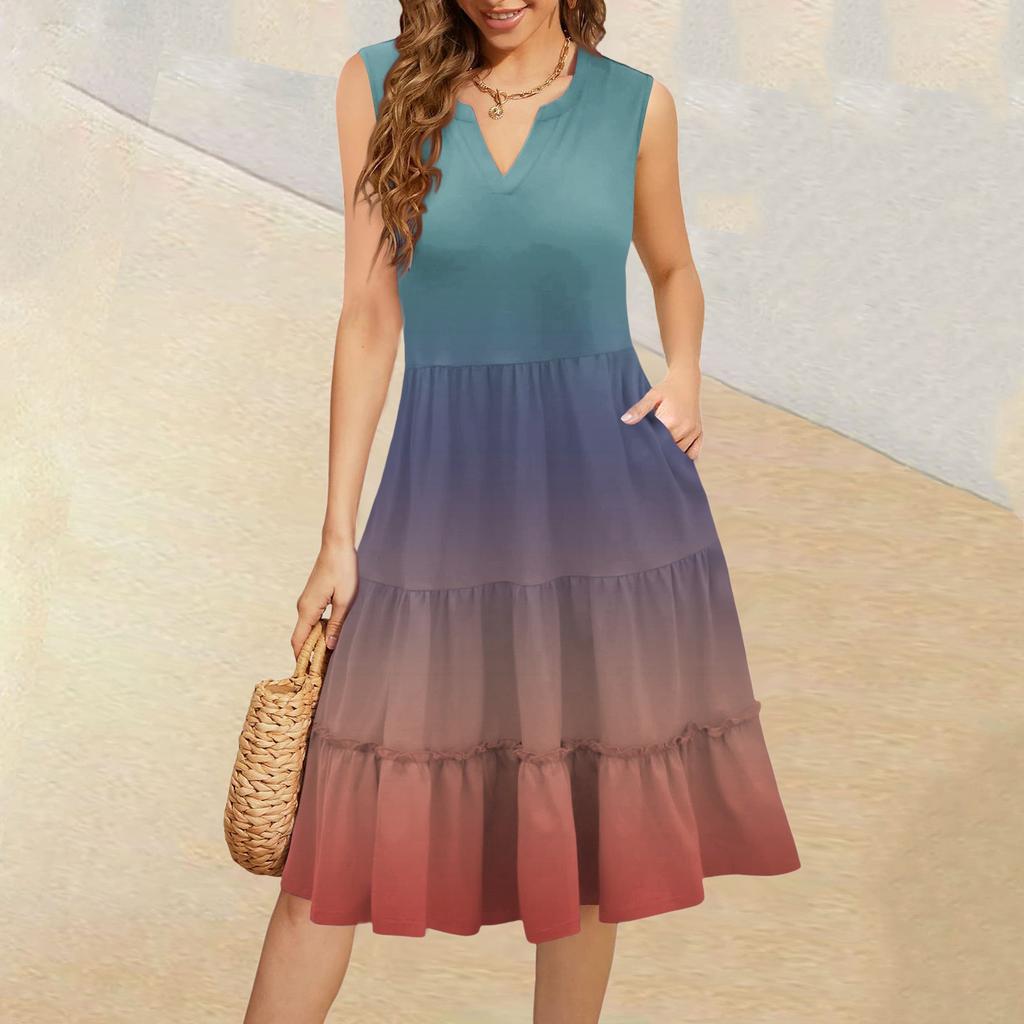 Women's Summer V-Neck Casual Pleated Ruffle Gradient Sleeveless Dresses