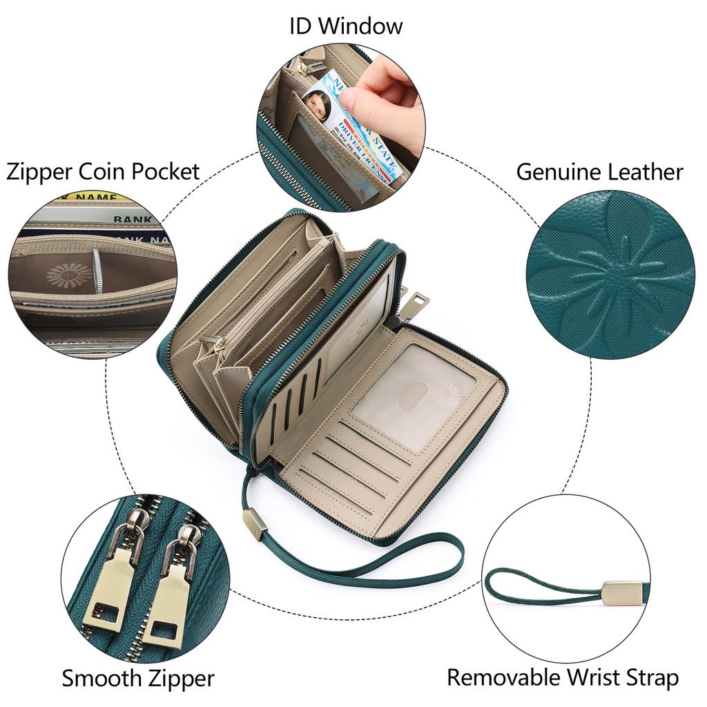 New Women First Layer Cowhide Wallet Short Double Zipper Clutch Purse Multifunctional Genuine Leather Card Coin Cash Storage Handbag