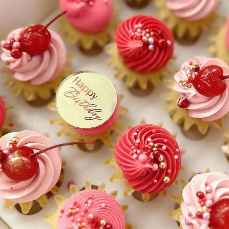 10 ks Toppery na dort Všechno nejlepší k narozeninám Zlaté Zlaté Akrylové Kulaté Toppery na Cupcaky Pro Děti Narozeniny Miminko Party Nástroje na Dekoraci Dortu