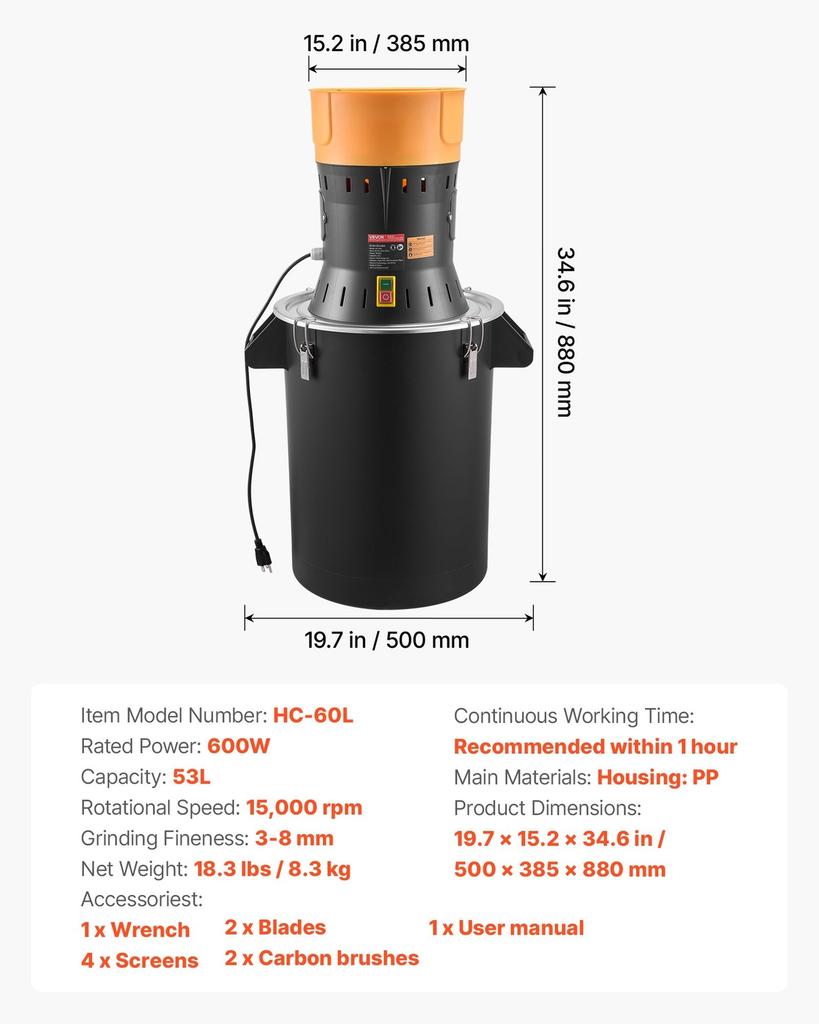 Electric Grain Mill Grinder, 600W High Power Commercial Spice Grinder, 53L Pulverizer Powder Machine with Galvanized Sharp Blades, for Dry Grains,