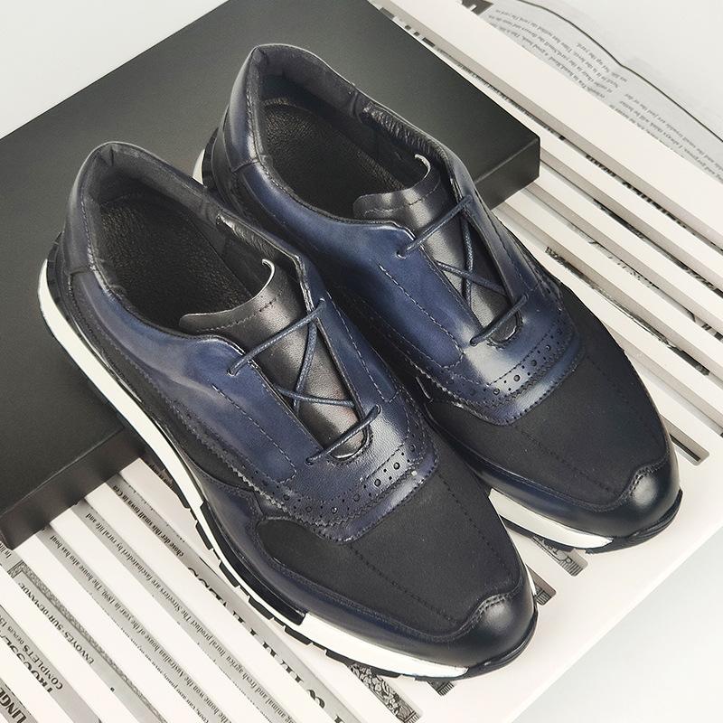 Brand Design Men's Sneakers Real Leather and Cloth Patchwork Lace Up Brown Brogue Oxford Casual Dress Shoes for Men