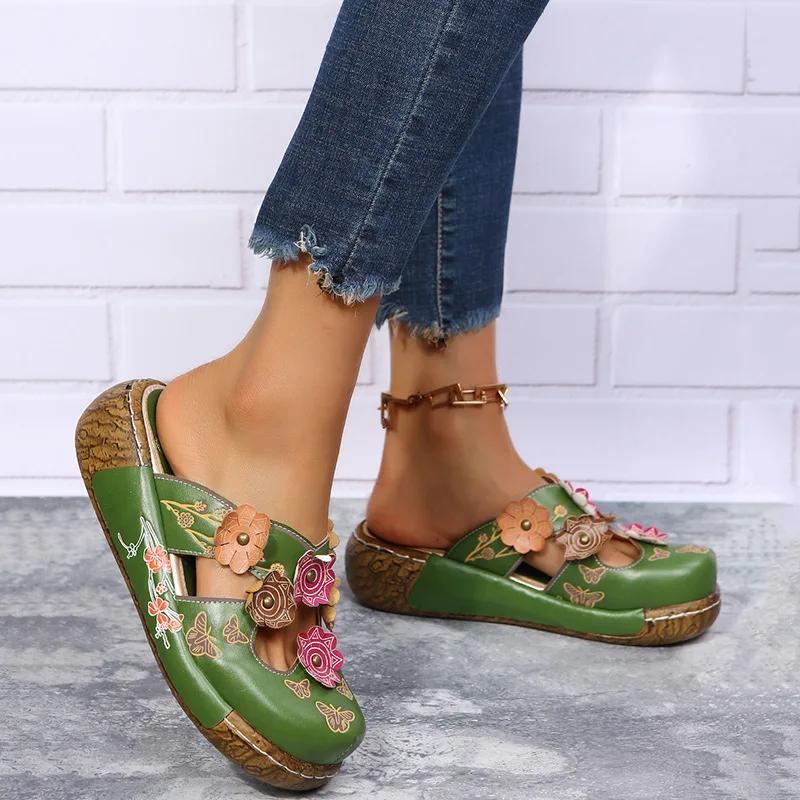 Plus Size 35-43 Shoes for Women Summer Comfortable Roman Flower Platform Sandals Non-slip Baotou Wedge Ladies Slippers