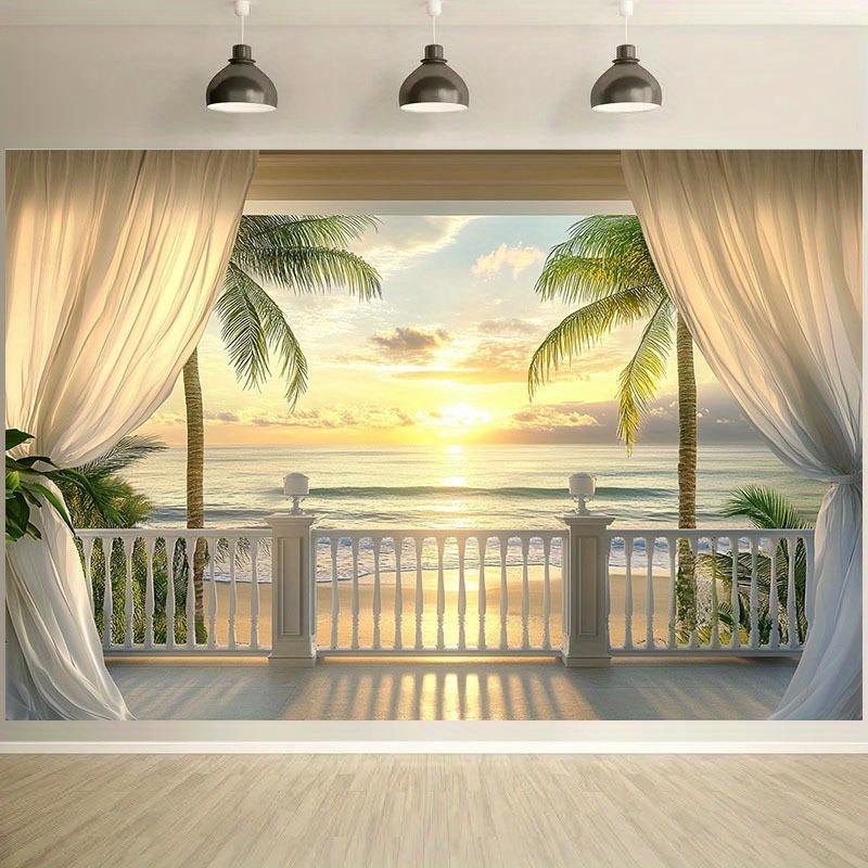 Tropical Beach Sunset Balcony View Tapestry Ocean Sea Palm Tree Wall Hanging Boho Living Room Decor Dorm Bedroom Aesthetic Home