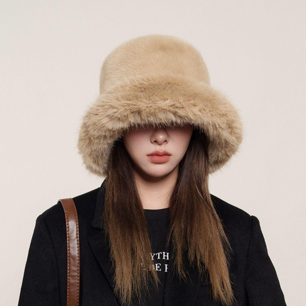 Imitation Fur Plush Bucket Hat Warm Winter Cap Retro Artificial Fur Hat  Winter/Autumn
