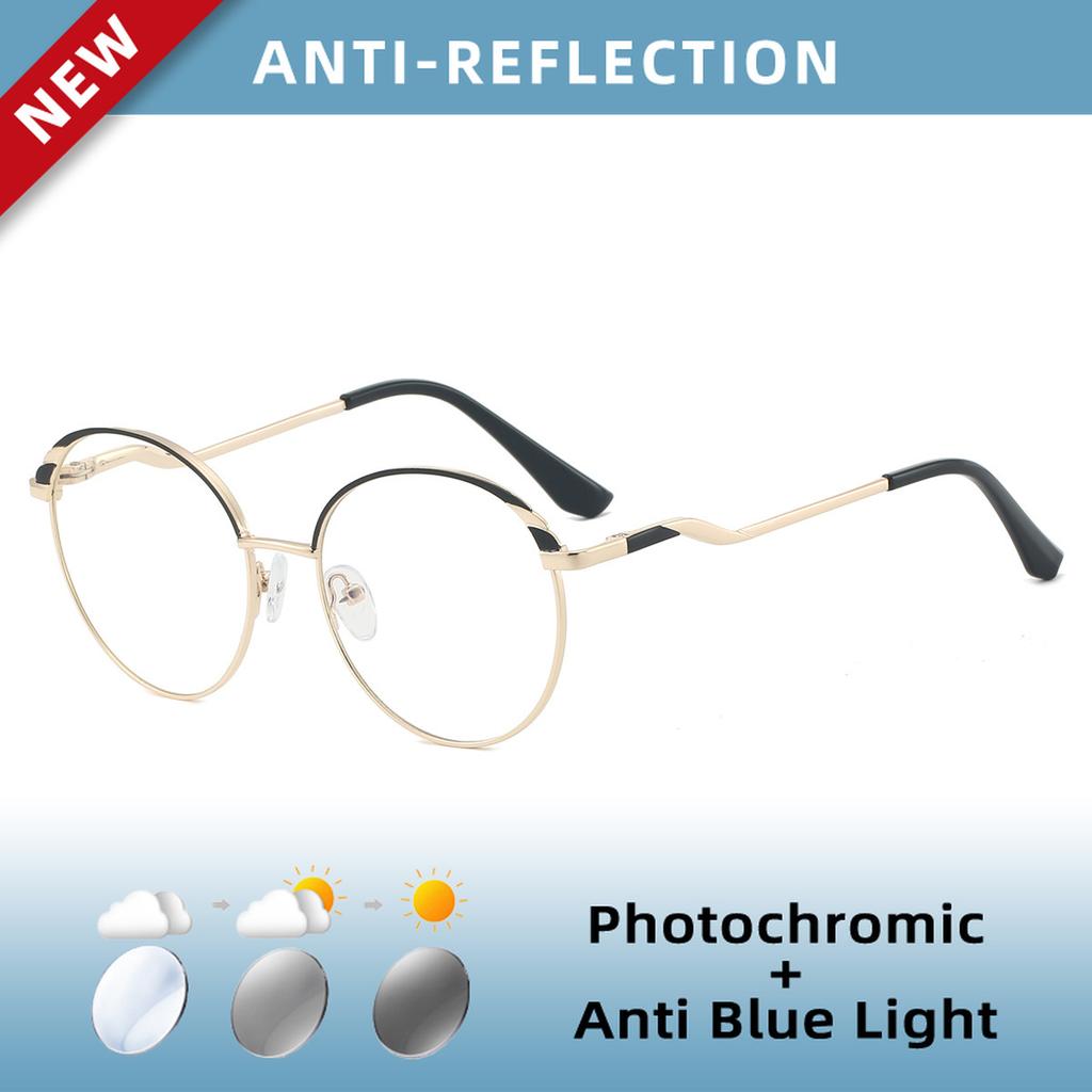 EYORA Fashion Metal Round Full Rim Reading Glasses Anti Blue Ray Myopia and Hyperopia Photochromic Prescription Eyewear Lens