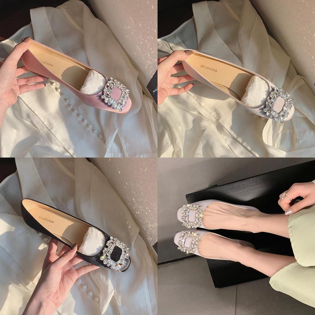 Elegant Spring & Autumn Rhinestone Buckle Square Toe Satin Flats for Women