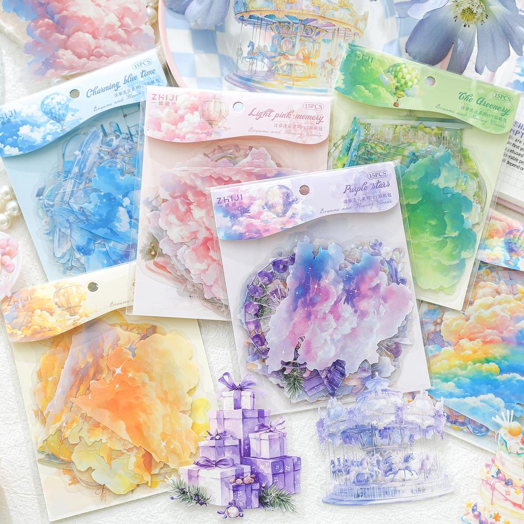 15pcs/lot Kawaii Scrapbook Stickers floating dreams and flowing clouds Junk Journal Planner Stationery Planner Decorative