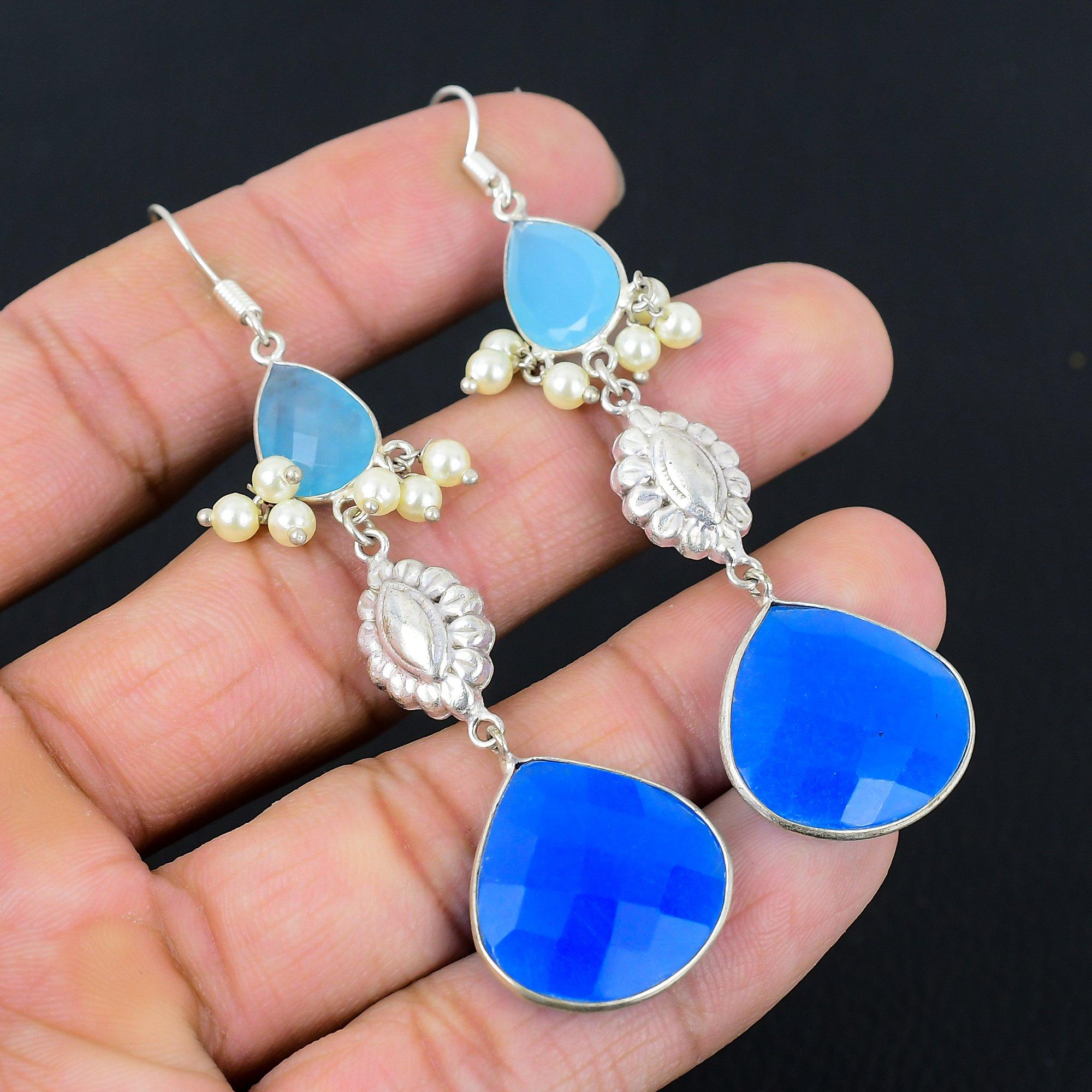 

925 Sterling Silver Pear Blue Sapphire Stone Hook Drop Dangle Earrings Jewelry