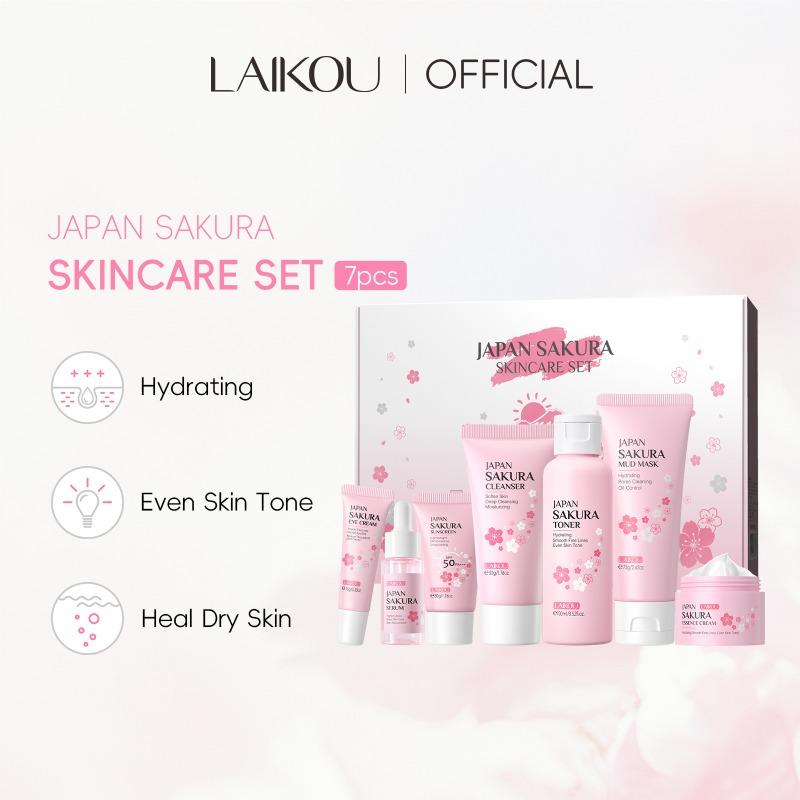 LAIKOU Japan Sakura Skin Care 7-pieces set, Face Cleanser Toner Serum Cream Mud Mask Sunscreen Eye Cream