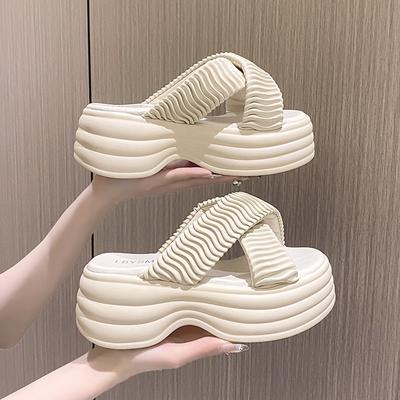 Mode Nouveau Confort Plissé Cuir Large Bande Croisée Sandales à Plateforme Chaussures Femme Diapositives Intérieur/extérieur Luxe Semelle Épaisse Sandale