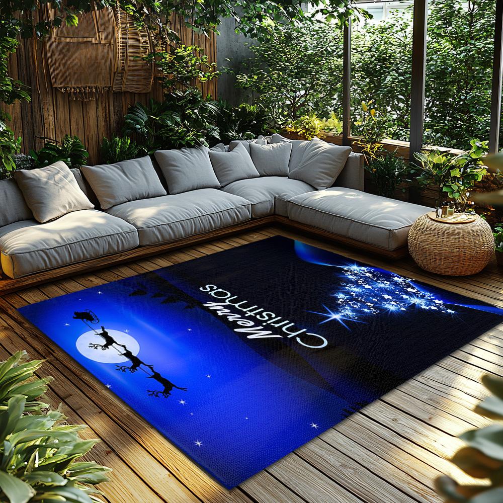 Merry Christmas Tree Rug, Blue Holiday Carpet with Festive Greetings, Plush Non-Slip Mat for Cozy Living Room Decor