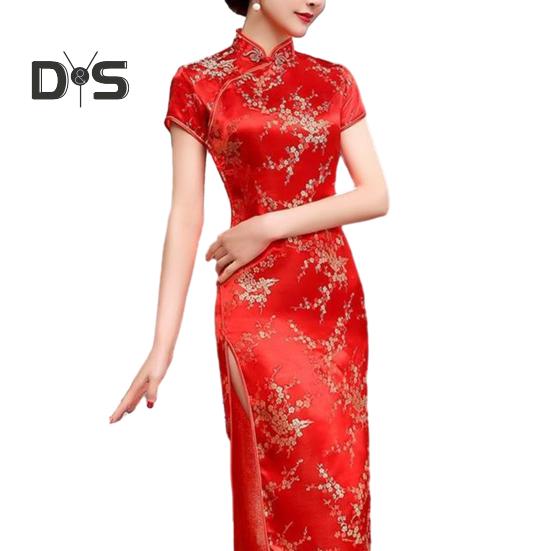 Women Dress Chinese National Style Floral Embroidery Stand Collar Short Sleeves High Side Split Chinese Knot Buttons Cheongsam Satin Silky Slim Fit