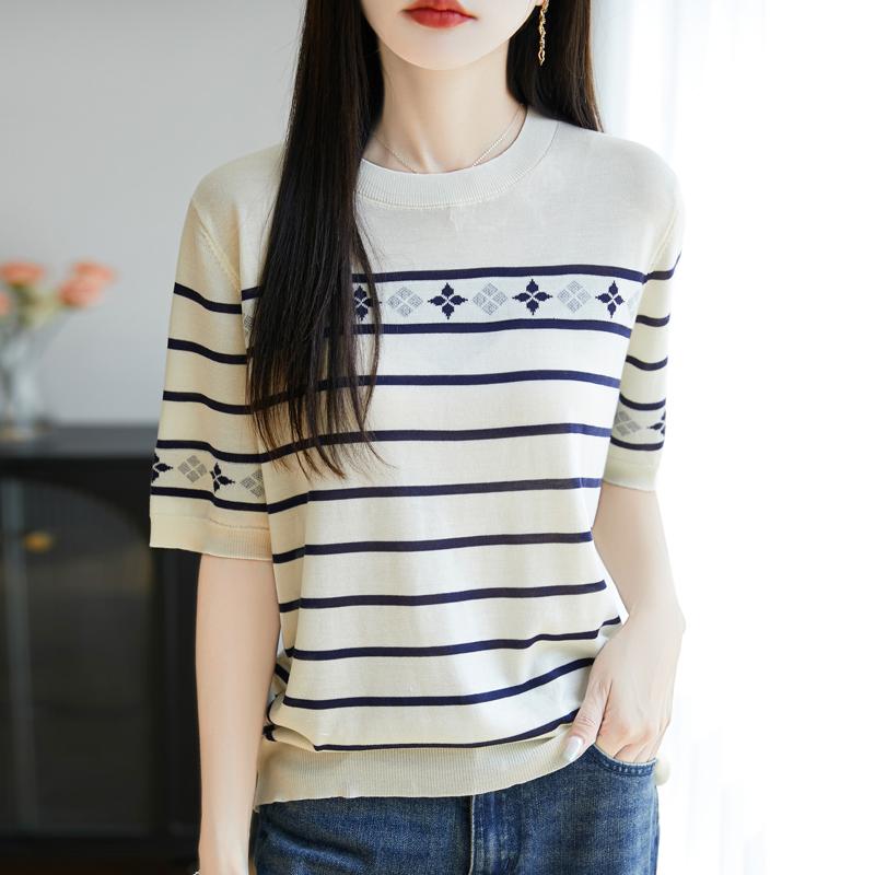 Women Knit T-shirt MODERN NEW SAGA Summer Knitted Shirt Short Sleeve Tees O-neck Patchwork Pullover Knit Tops