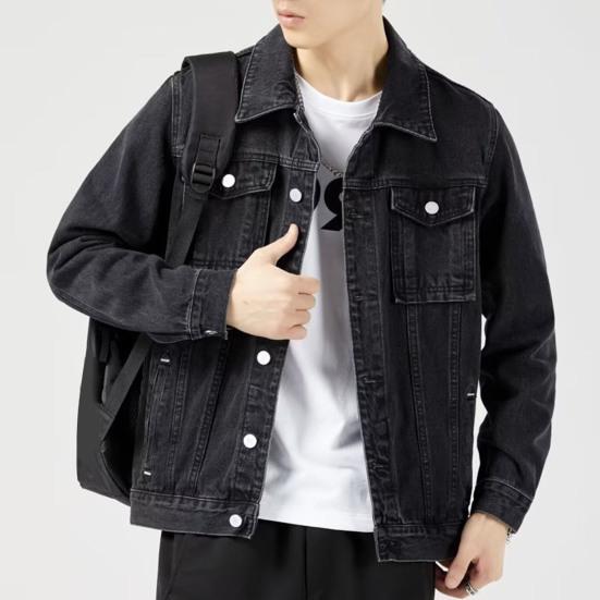 Pánská džínová bunda Klopa Dlouhý rukáv Kapsy s klopou Jednobarevný kabát Zapínání na knoflíky Neformální džínové svrchní oblečení Každodenní nošení