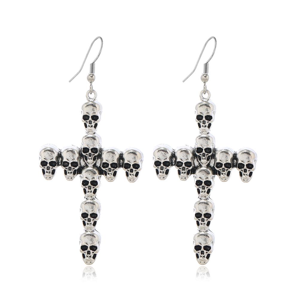 Halloween Jewelry Fashion Punk Vintage Alloy Skull Head Cross Earrings For Women