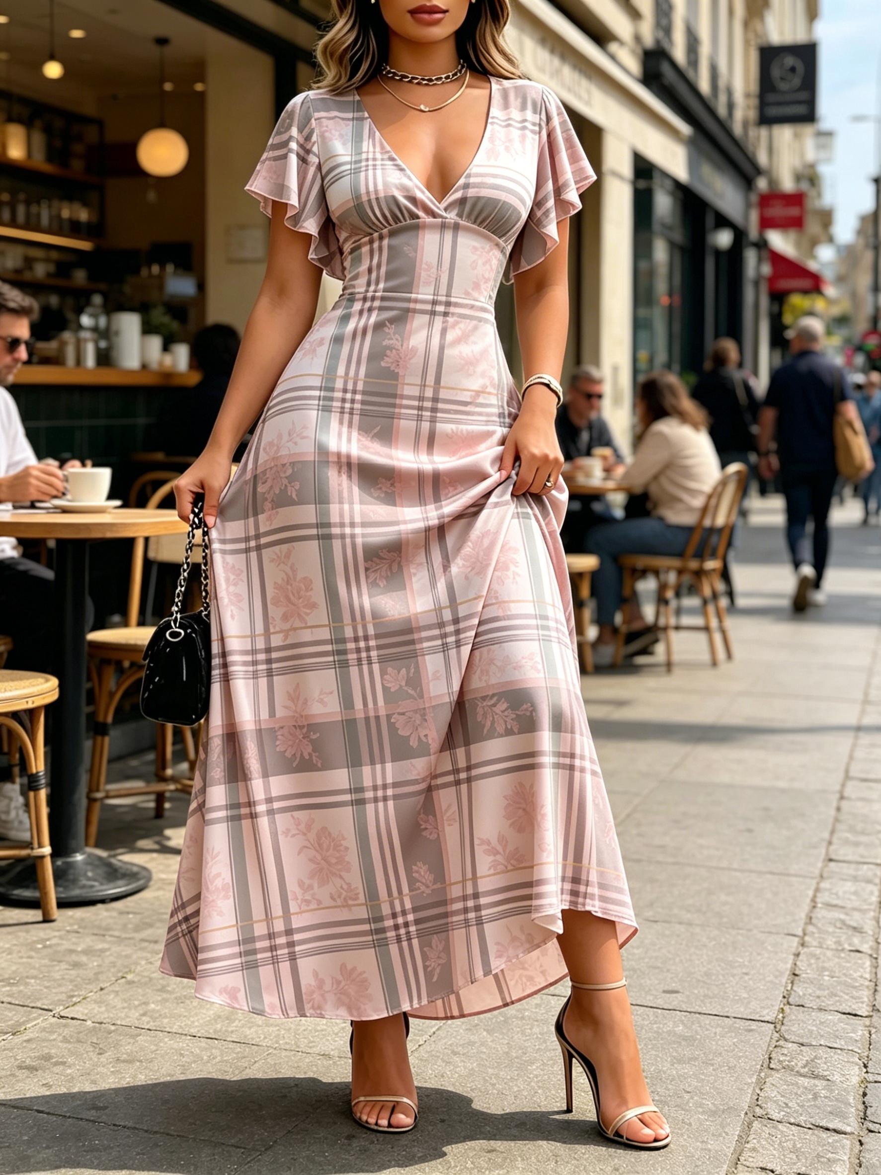Women s Pink Grey Plaid Floral Print V Neck Flutter Sleeve A-Line Maxi Dress Vintage Dress XS