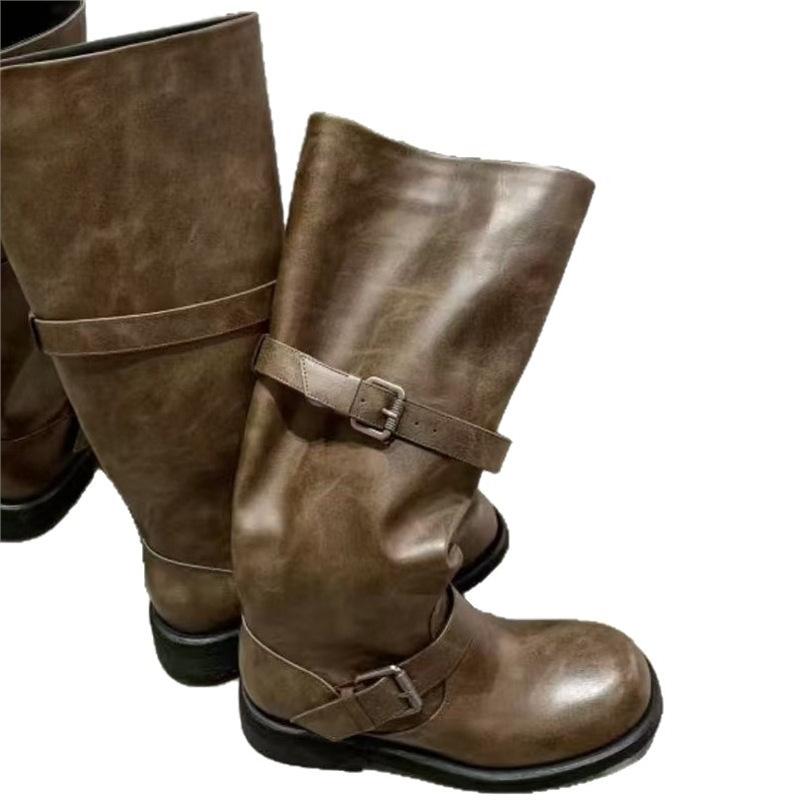 But Knee Boots Women'S New Round Head Belt Buckle Western Cowboy Knight Boots High Boots