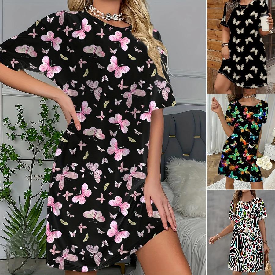 Women'S Butterfly Print Nightdress Dress Black Pink Floral-like Pattern Women'S Short-Sleeved Dresses Casual Party Wear Y2K