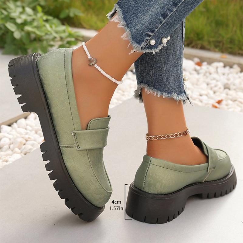 Fashion Fashion Green Stain Loafers Shoes Women 2025 Round Toe Embroidery Shoes for Woman Plus Size Platform Casual Shoes Ladies