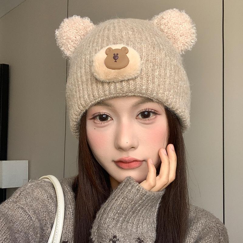 Cute Bear Ear Woolen Hat for Women, Winter Fleece-Lined Thickened Warm Ear-Protecting Knit Hat, Cold-Proof Headwrap Hat