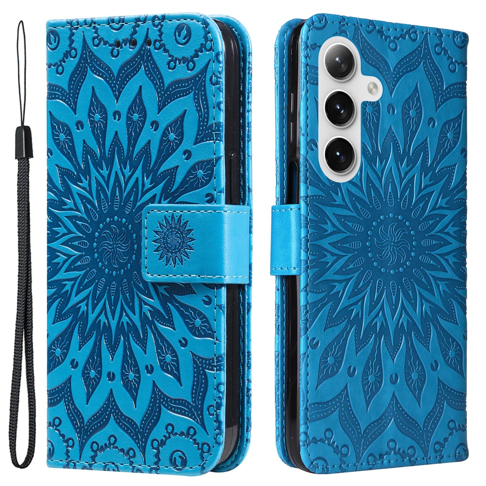 

For Samsung Galaxy S25/S24 Phone Case Sunflower Imprinted Leather Wallet Stand Cover with Strap Blue