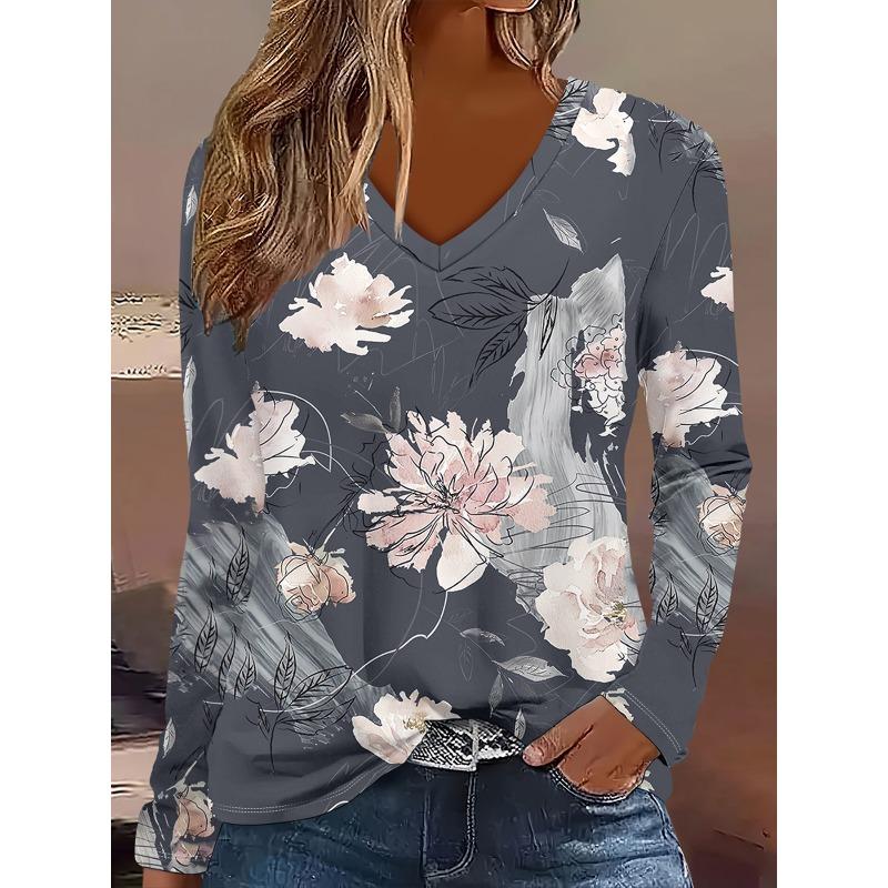 Women's Autumn and Winter 3D Printed V-Neck Long Sleeve T-Shirt Fashion Versatile Trend Breathable Casual