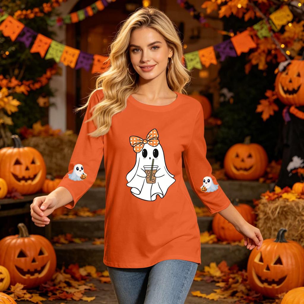 Women's Casual Three-Quarter Sleeve Halloween Print Neck Top