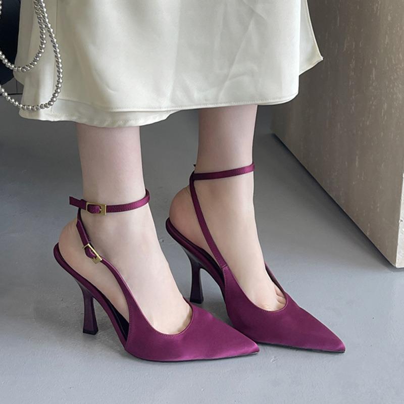Pointed Sandals Autumn New Women's Shoes Burgundy Silk Satin Thin Heel Bag Head Empty Heel Women's High Heels