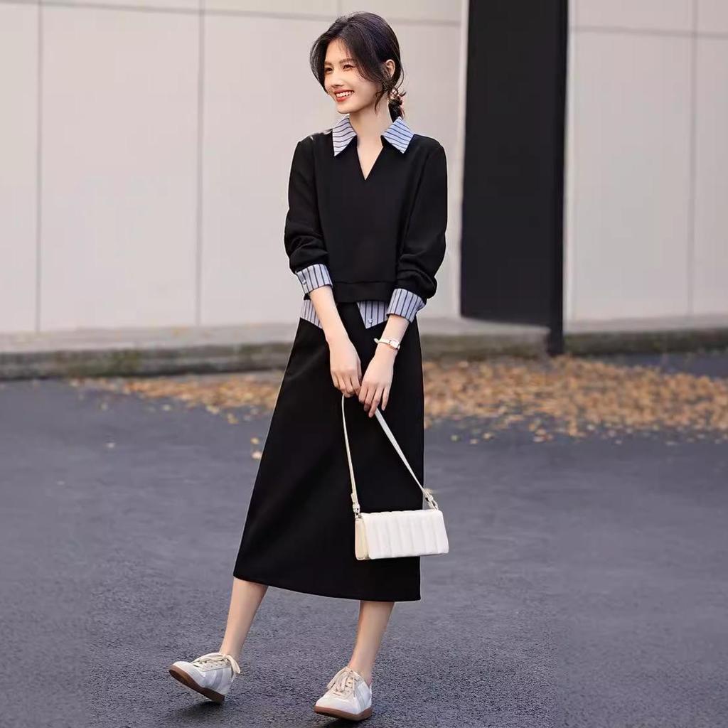 Internet Celebrity Patchwork Shirt Collar Sweatshirt & Midi Skirt Set for Women - Autumn Casual Two-Piece Ensemble