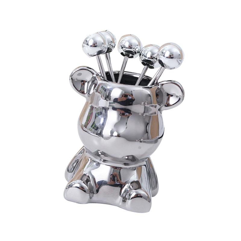 Barattolo Porta Posate da Frutta Forma di Animale Carino Portaposate da Forchetta in Ceramica con 6 Forchette da Frutta in Acciaio Inossidabile