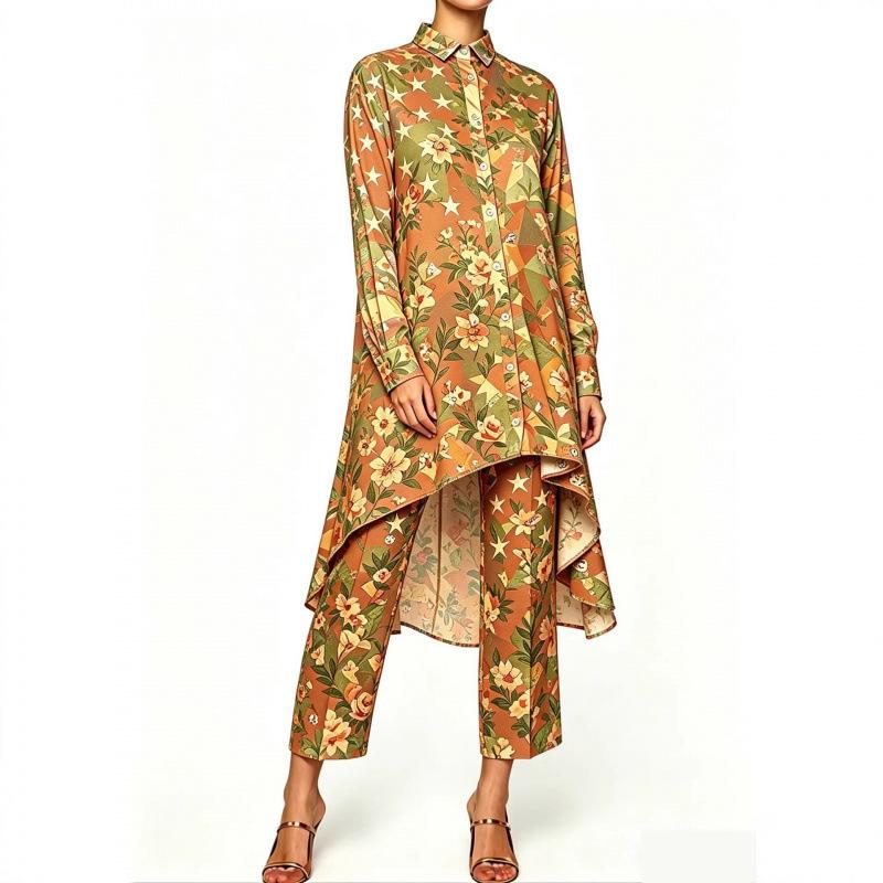 Summer new sunset seascape floral print irregular lapel long-sleeved shirt nine-point pants women's casual suit