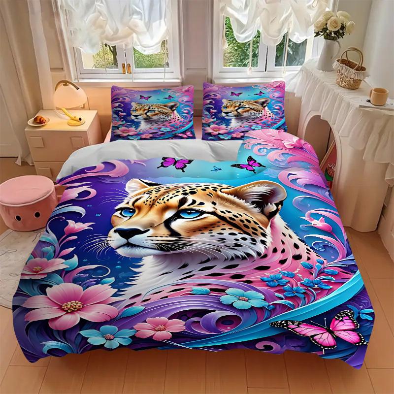 3pcs Cheetah Art Print Bedding Set - 1 Duvet Cover + 2 Pillowcases(Core Not Included), Machine Washable Polyester Yy251216184